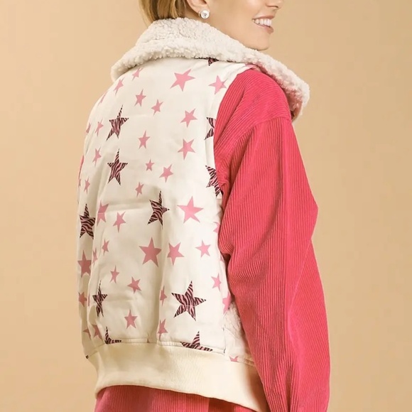 New Umgee Star Print Vest with Sherpa Collar & Side Pockets Cream Lightweight - Picture 8 of 8